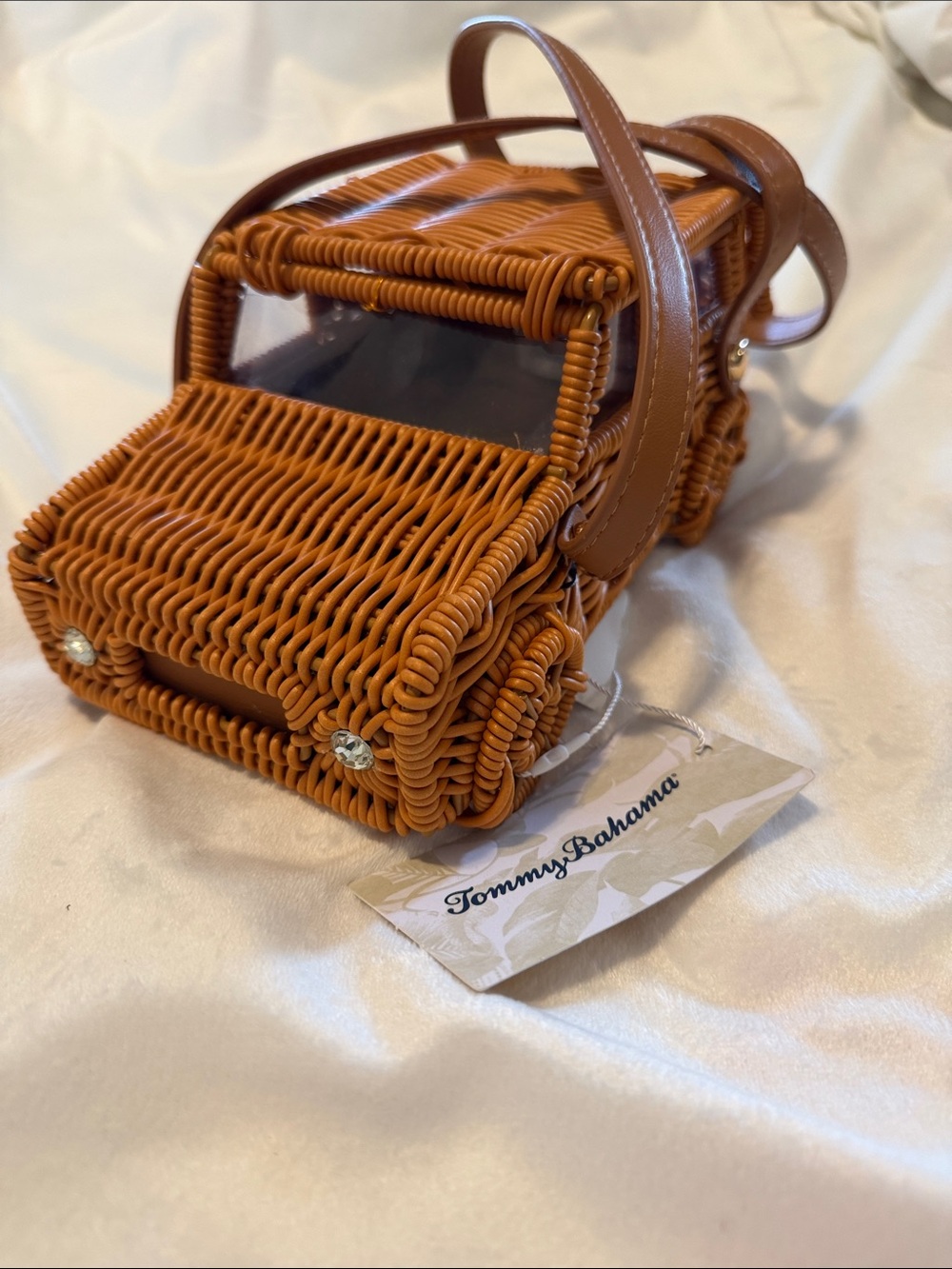 Tommy Bahama Woven Rattan Car Crossbody Bag in Cognac